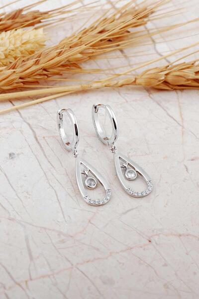 Sümer Telkari Damla Sallantılı Rodyumlu Gümüş Halka Küpe 7334