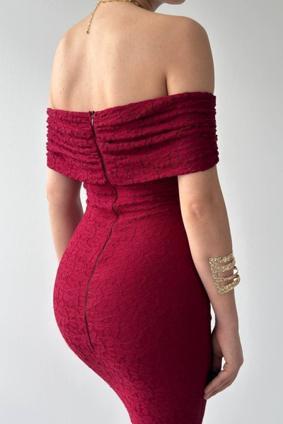 bayansepeti Astarlı Dantel Kumaş Straplez Yaka Kolsuz Bordo Dantel Elbise Bordo Nişan Elbisesi 367