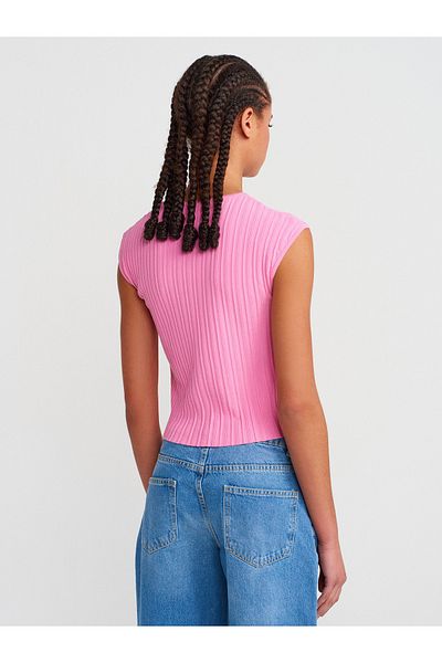 Dilvin 10738 Crew Neck Ribbed Thin Knitwear Blouse-Dark Pink