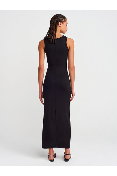 Dilvin 91381 Slit Detailed Midi Dress-Black