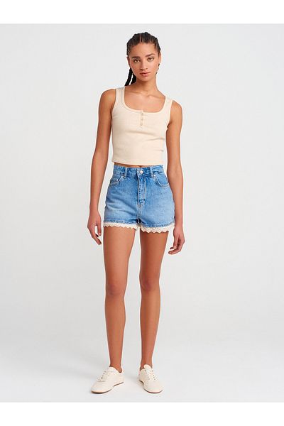 Dilvin 71801 Pantaloni scurți din denim cu dantelă la picior-albastru