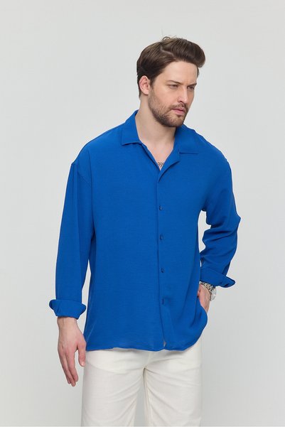 Gray Clothing Erkek Indigo Keten Ayrobin Bol Kalıp Dokulu Oversize Yazlık Salaş Gömlek