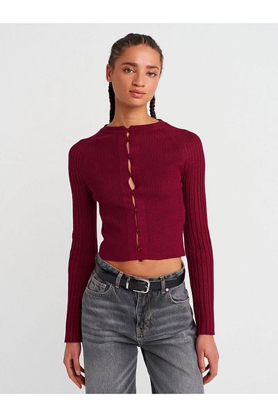 Dilvin Crew Neck Ribbed Buttoned Slim Knitwear Cardigan-Claret Red