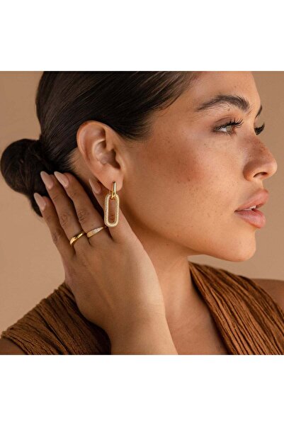 NeednStore Kadın Monako Modeli Zirkon Taşlı 925 Ayar Gümüş Üzeri 18k Altın Kaplama Küpe