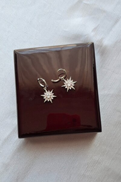 ER TAKI Stoned Silver Colored Polar Star Clip-On Stylish Party Engagement Henna Wedding Wedding Evening Dress Earrings