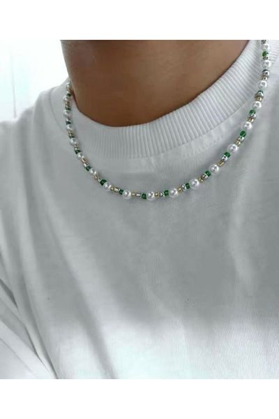 MYSTERY TAKI AKSESUAR Men's Pearl Green Detail Necklace