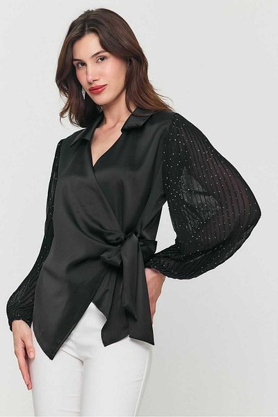 OQQA SEZON NOU satin dublu piept cu legare laterala maneci sifon plisat bluza cu incrustat de piatra