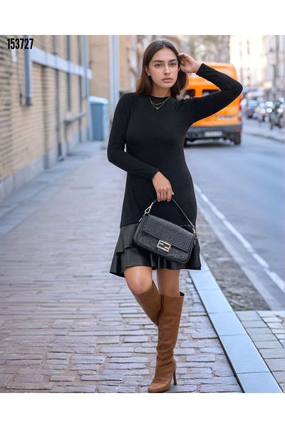 Cbm Women's Long Sleeve Crew Neck Top Viscose Hem Leather Short Dress