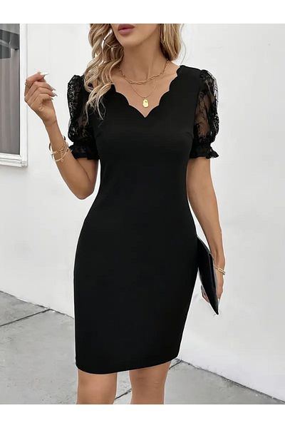 Viyamo New Season Women's Short Sleeve Lace V-Neck Imported Crepe Dress with Shirred Side Cross Detail