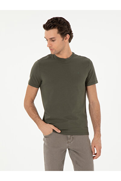 Cacharel Haki Slim Fit Bisiklet Yaka Merserize Basic T-shirt 50305451-VR027