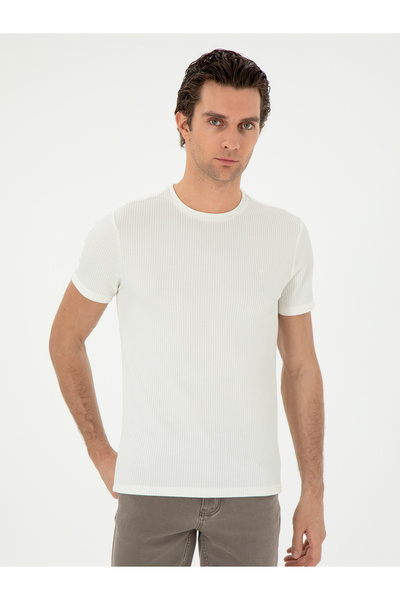 Cacharel Beyaz Slim Fit Çizgi Dokulu Bisiklet Yaka T-shirt 50303372-VR013