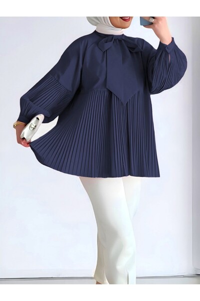 Modamorfo Laced Collar, Sleeves and Pleated Skirt Tunic - Navy