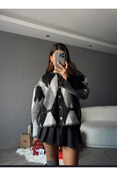 sinemkivanc co Sinem Kivanc Co Brand Model Gray Diamond Pattern Cardigan