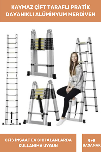 Thriftbuds Çift Taraflı Ayak Kaymaz Alüminyum Dayanıklı Çok Fonksiyonlu Açık Hali 3.8 Metre Teleskopik Merdiven