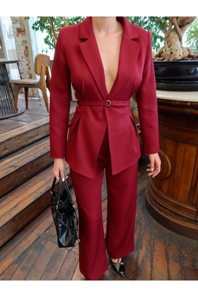 ESRAHELVACI Pile Detailed Thin Belted Jacket Trousers Set