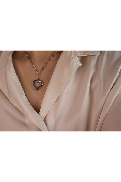 Mia Big Heart Detail Silver Color Steel Necklace