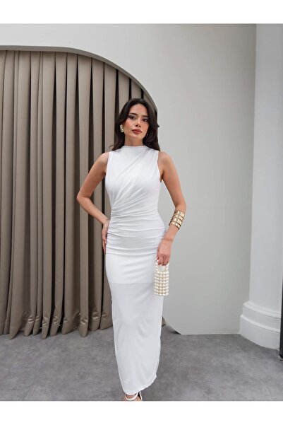 ESRAHELVACI Drapeli Yırtmaçlı Midi Elbise