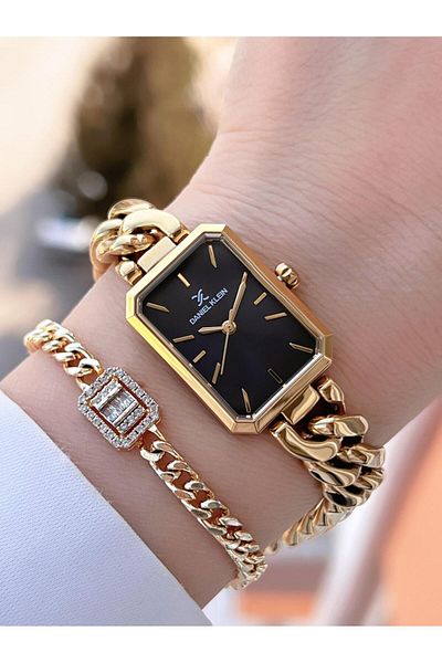 Daniel Klein Gold Steel Cord with Yellow Chain Black Tar Water Resistant Women Wristwatch