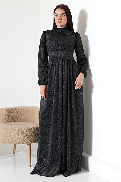 Mois Atelier Siyah Gümüş Simli Balıkçı Yaka Büzgülü Uzun Abiye Nikah Elbise T...