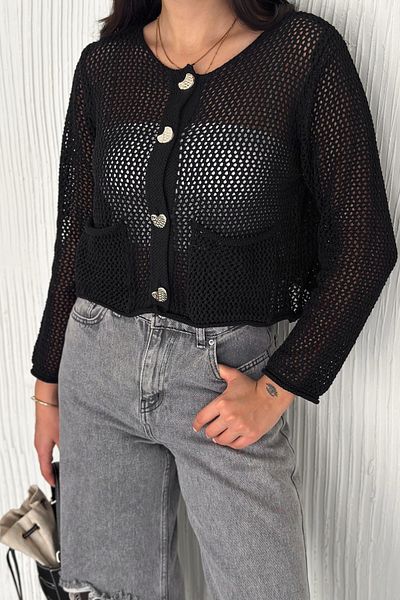 FEMELLE Cardigan de tricotaj cu nasturi, detaliat cu nasturi, negru, mărime standard