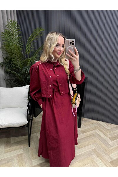 Byelifdursun Palmiye Paraşüt Kumaş Ceketli Elbiseli Takım Bordo