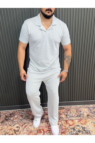 Shine Stone Gray Striped Apaj Collar Striped Loose Trousers Set