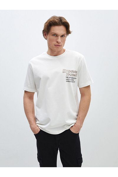 LC Waikiki Męski T-shirt z czesanej bawełny z krótkim rękawem i nadrukiem