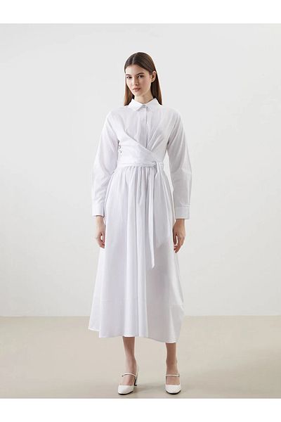 LC Waikiki Rochie de damă din popelin cu guler de cămașă albă modestă LCW