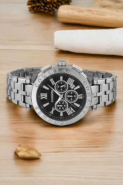 COMMES men's Wristwatch - Steel Cord, Full Function Crono, Silver-black Color, Bracelet Zmcms031