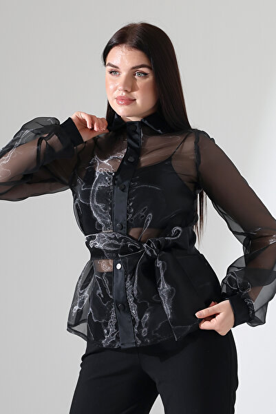 Mois Atelier Siyah Organze Saten Yaka Çıt Çıt Düğme Kuşaklı Şifon Tül Gömlek Ceket Abiye Tasarım Büyük Beden