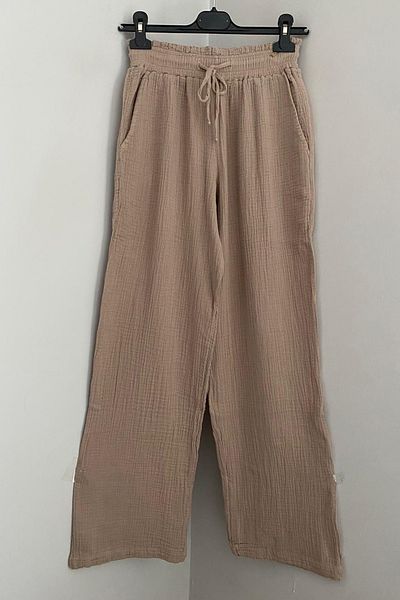AYASOFYA OTANTIK Women's Beige Elastic Waist Tied Detailed Muslin Cotton Wide Leg Trousers
