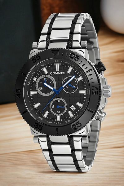 COMMES men's Wristwatch Crono Steel Cord - Full Function Silver-black Bracelet Zmcms032