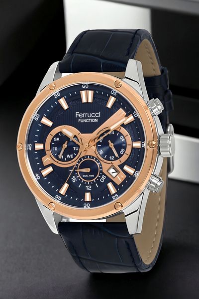 Ferrucci Navy Blue Leather Cord Men's Wristwatch Fcf-13908Fk.04 Function Bracelet Zmfer155