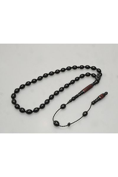 Skygo Oltu Stone Carved İmame and Red Enamel Processing Plain Rosary