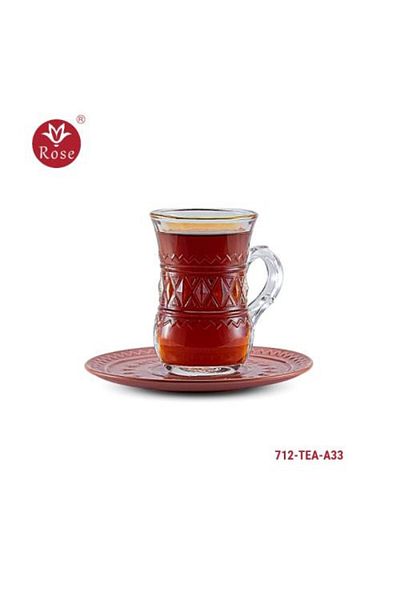 Rose CR-712--Rose tea set consisting of 6 clear glass tea cups and 6 saucers made of ceramic with distinctive modern engravings