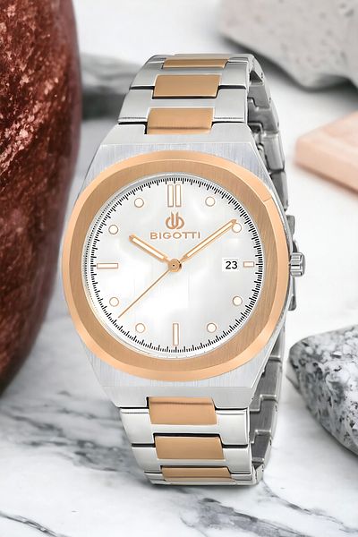 Bigotti Men's Silver-Rose Colored Wristwatch - Steel Case and Cord Bracelet Zmb010