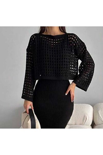trikomode Γυναικεία διάτρητη ανοιχτή μπλούζα με λαιμόκοψη μαύρη πλεκτή μπλούζα