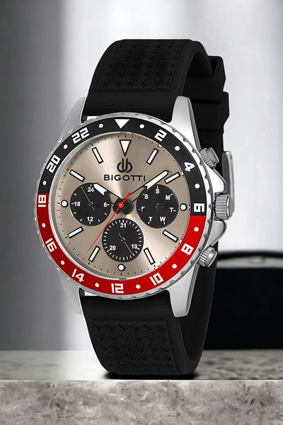 Bigotti Men's Function Wristwatch - Black/Silver Color, Steel Case, Silicone Band Zmb014