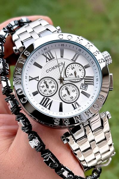 COMMES Men's Wristwatch Crono Functions Active Silver Color with Bracelet Gift