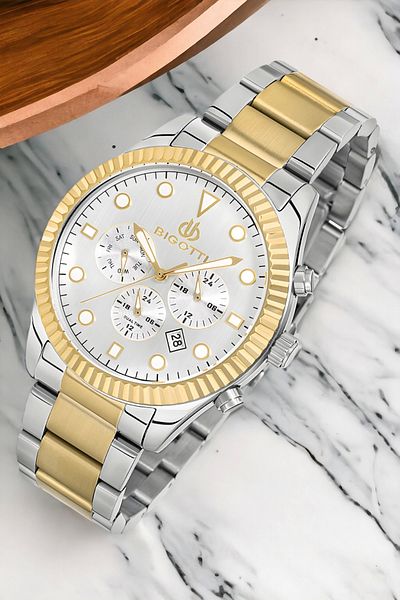 Bigotti Men's Function Wristwatch Bg.1.10280.5 - Silver/Gold Color, Steel Case and Cord Bracelet Gift