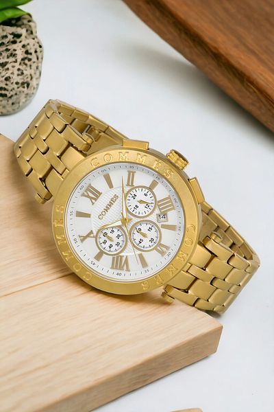 COMMES Men's Wristwatch - Steel Cord, Full Function Crono, Gold-white Color, Bracelet Zmcms031
