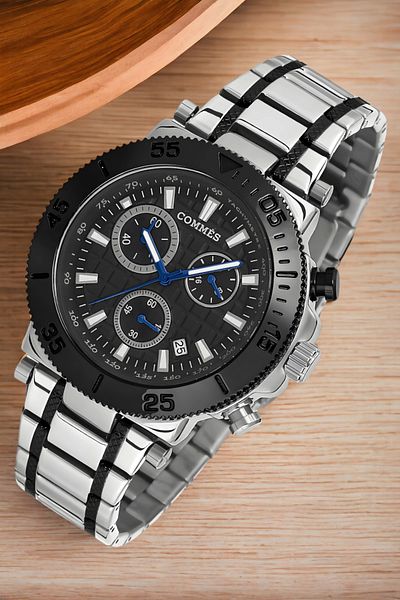 COMMES men's Wristwatch Crono Steel Cord - Full Function Silver-black Bracelet Zmcms032