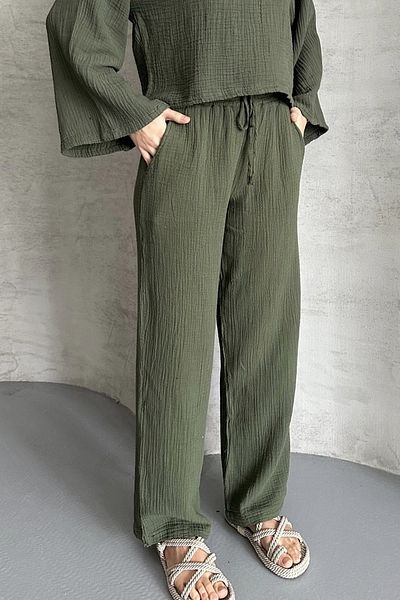 AYASOFYA OTANTIK Women's Khaki Elastic Waist Binding Detailed Muslin Cotton Wide Leg Trousers