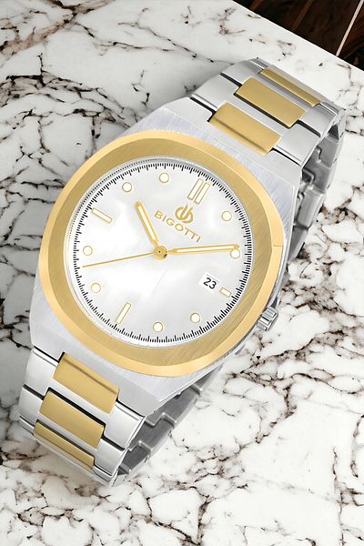 Bigotti Men's Wristwatch Bg.1.10164.2 - Silver-Gold Color, Steel Case and Cord Bracelet Gift Zmb010