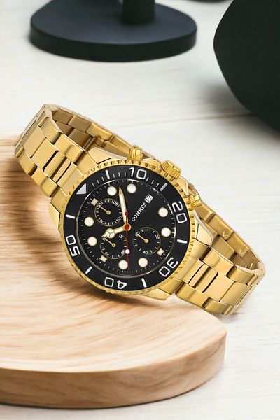 COMMES Calendar Steel Cord Men's Wrist Watch Gold-black Color Bracelet Zmcms035