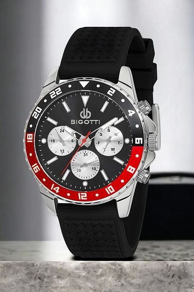 Bigotti Men's Function Wristwatch - Black Color, Steel Case, Silicone Band Zmb014