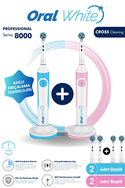 Oral White Professional Series 8000 Şarjlı Diş Fırçası Mavi ve Pembe İkili Set