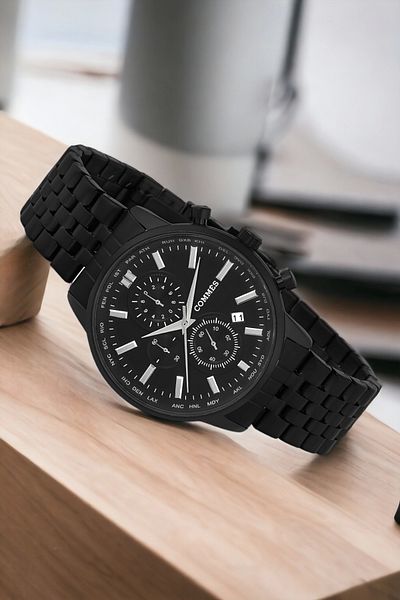 COMMES Men's Wristwatch - Steel Cord, Full Function Crono, Black Color, Bracelet Zmcms030