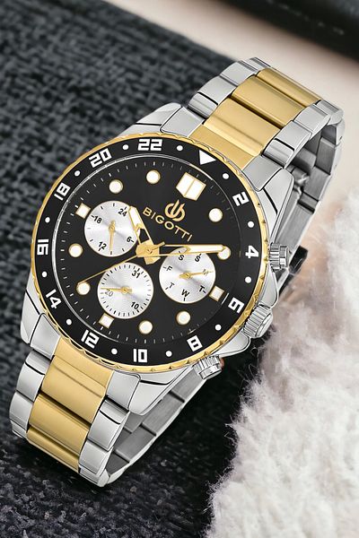 Bigotti Men's Function Wristwatch - Gold/Silver Color, Steel Case and Cord Bracelet, Gift Zmb