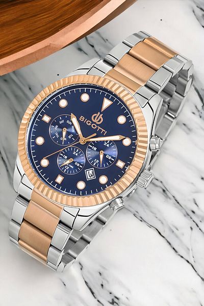 Bigotti Bg.1.10280.4 Men's Function Wristwatch - Silver/Rose Color, Steel Case and Cord Bracelet Gift